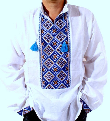 Vyshyvanka Men's Ukrainian Embroidery White Blue Yellow Linen SHIRT size S-4XL  - Image 1 of 4