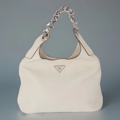 Bolso Hobo Prada Grande de Cuero Crema Vitello Daino Eslabón de Cadena Hecho en Italia Foto 1 de 4
