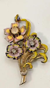 VTG Rhinestone Art Deco Flower Brooch Pin Silver Tone Pot Metal Enamel Estate - Picture 1 of 5