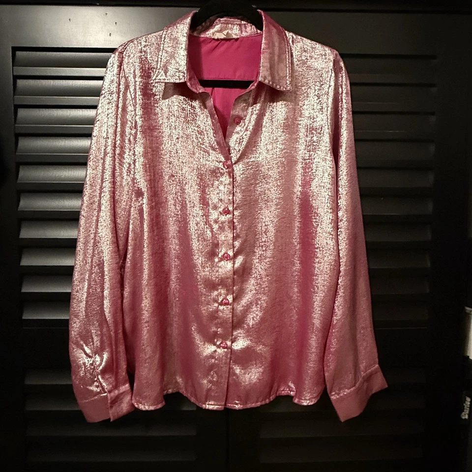 Blusa con botones rosa caballete brillante manga larga para mujer elegante vacaciones cóctel Foto 1 de 4