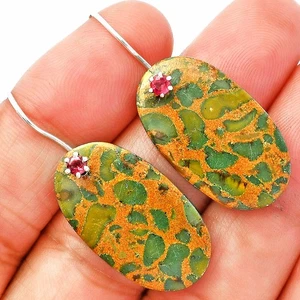 Natural Bamboo Jasper & Garnet 925 Sterling Silver Earrings Jewelry E-1082 - Picture 1 of 5