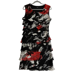 Laura K Dress Size 14 Black Red Layered Ruffle Sleeveless Lined Silk Blend - Foto 1 di 20