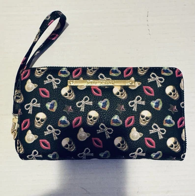BETSEY JOHNSON NEGRO ROSA CALAVERAS GATOS LAZOS LABIOS CREMALLERA ALREDEDOR CARTERA NUEVO Foto 1 de 4