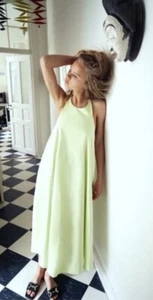 Zara Women’s Halter Neck Maxi Dress Lime Green With  Cotton Blend Size XS - Foto 1 di 10
