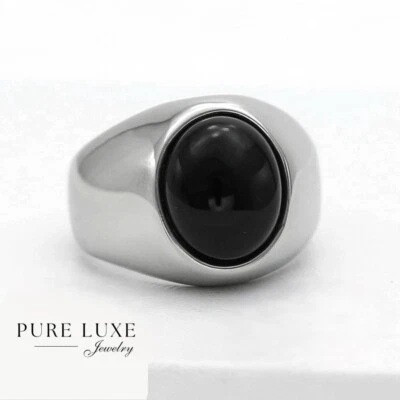 Anillo de ónix negro plateado de acero inoxidable para hombre talla: caja de pulido alto 8-13 Foto 1 de 3