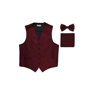 New Men's Tuxedo Vest Vertical Stripes Bowtie Hankie set prom party Burgundy - Picture 1 of 4