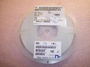 QTY (5000) 1K Ohm 1/10W 5% 0603 RESISTENCIAS DE CHIP SMD NRC06J102TR NIC CARRETE COMPLETO - Imagen 1 de 1