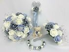 Bouquets de mariage fleurs, bleu, gris, roses, mariée, demoiselle d'honneur, baguette fleur-fille