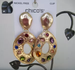 New Chico's Multicolor Stones Gold Tone Clip-On Drop Earrings. New w Tags - Picture 1 of 7