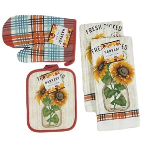 Fall Sunflower Kitchen Set Dish Towels Potholder Oven Mitt Country Rustic New - Picture 1 of 4