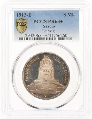 1913-E 3 Mk PCGS PR63+ Proof Germany Saxony Leipzig 3 Mark Plus Graded - Image 1 of 3