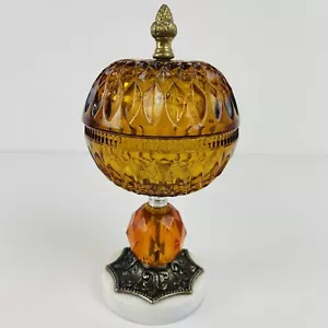 Amber Glass And Metal Footed Lidded Round Candy Dish Orange Mid Century MCM - Picture 1 of 8
