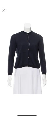 LANVIN 海军蓝丝绸/棉开衫毛衣带珍珠纽扣 S — 第 1/3 张图片