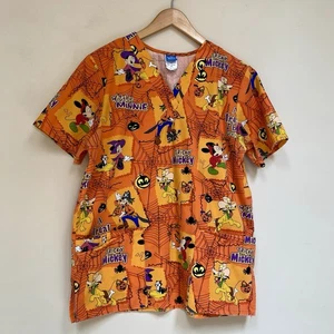 Disney Halloween Mickey Minnie Pluto Scrub Top Size M Orange Womens Pockets - Picture 1 of 7