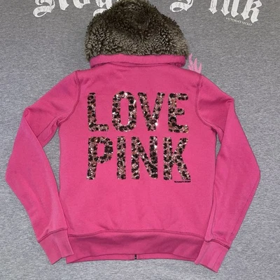 Victoria’s Secret ROSA Leopardo Guepardo Lentejuelas Bling Piel Forrada Cremallera Completa Sudadera con Capucha Foto 1 de 4