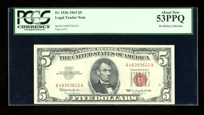 DBR 1963 $5 Legal Fr. 1536 PCGS 53 PPQ Serial A48393612A - Image 1 of 2