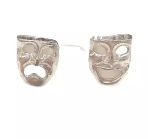 925 Sterling Silver Sad / Happy Face Mask Pierced Earrings 3/8" Tall - Picture 1 of 5