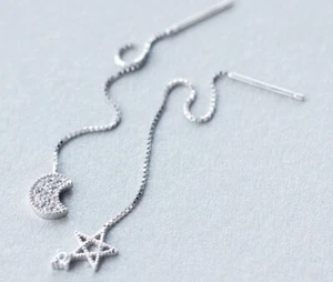 925 Sterling Silver Drop Earrings Threader Star and Moon with CZ - Bild 1 von 6