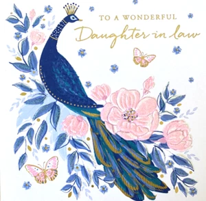 "To a Wonderful Daughter in Law" Glitter Peacock & Pink Flowers Birthday Card - Picture 1 of 5