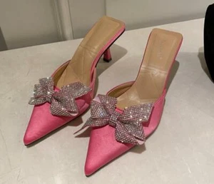Women Fashion Sexy Pointy Toe Diamante Bowknot Mules Slippers Kitten Mid Heel - Picture 1 of 16