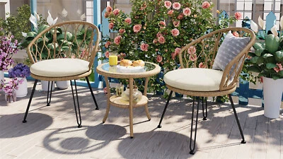 3 Pcs Garden Chairs & Table Set Outdoor Furniture Patio Pool 2 Rattan Chairs - Image 1 of 4