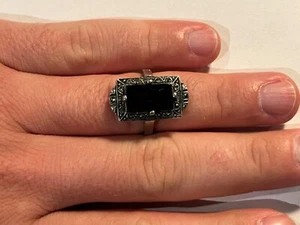 Schmuck Antiker Silberring Gr. 58 mit schwarzem Stein Onyx ? (L45) - Bild 1 von 6