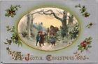 c1910s "A JOYFUL CHRISTMAS" Embossed Greetings Postcard Children & Horses