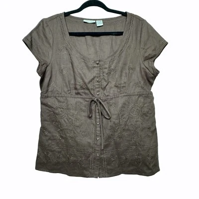 Blusa Tweeds 100% Lino Floral Bordada Marrón Botón Frontal Manga Corta Talla L Foto 1 de 4