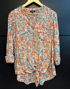Cocomo Damen Pullover bunt geblümt Bluse 1X Rollriegelärmel vorne zum Binden - Bild 1 von 9