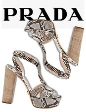 PRADA 38.5 Cutout Gray Snake Leather Platform Sandals Stacked Heels 8.5 WORN 1X