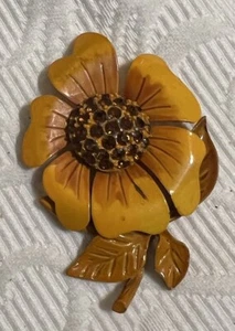 Large Orange Enamel & Rhinestone Flower Brooch Pin Vintage Moveable 3" Mod Retro - Picture 1 of 4