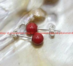 Beautiful 8MM Red Coral Round Gemstone Beads 925 Silver Stud Earrings AAA - Picture 1 of 12