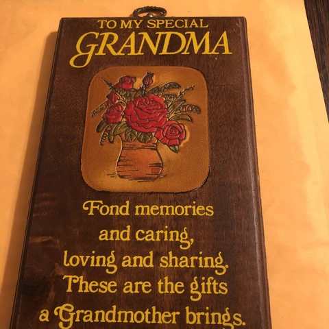 Vintage Wallace Berrie Grandmother Wall Plaque 1978 Mother's Day Wood Leather Cover