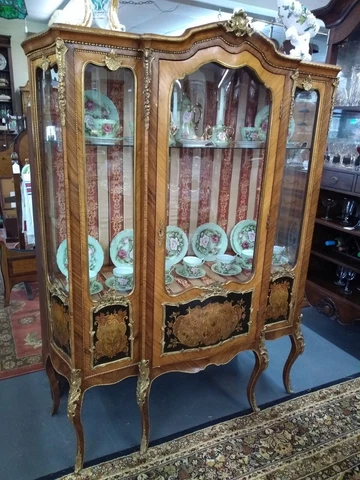 Antique French Vitrine Display Curio Cabinet with Ormolu Inlay Cover