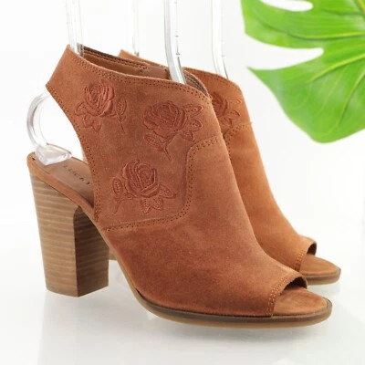 Sandalia para mujer Lucky Brand Listana talla 8 tacón bloque bomba gamuza Sienna bordado Foto 1 de 4