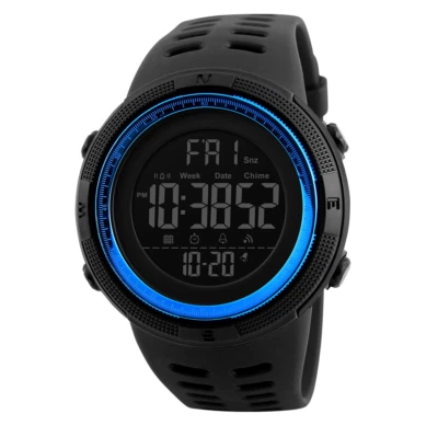 Unisex Digital Sportuhr  Wasserdicht 5ATM, Alarm, Timer, LED, Schwarz-Blau - Bild 1 von 4
