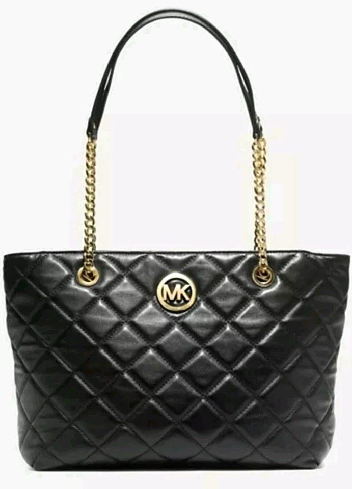 🌞MICHAEL KORS FULTON 绗缝大号 LAMBSKIN 皮革金色标志链托特包🌺全新带标签 — 第 1/4 张图片