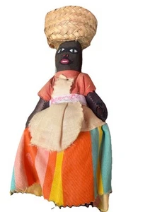 Vintage 1960's Jamaican Ethnic Folk Art Rag Doll Carrying A Handmade Hat Basket - Picture 1 of 9