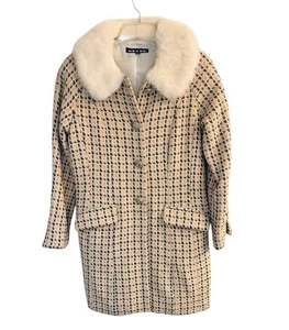 Vintage Coat Tweed Faux Fur Collar Rhinestone Buttons Wool Blend Classic Sz 8 - Picture 1 of 15