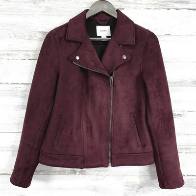 Old Navy Moto Biker Jacket Womens Size M Burgundy Wine Faux Suede Full Zip - Image 1 of 4