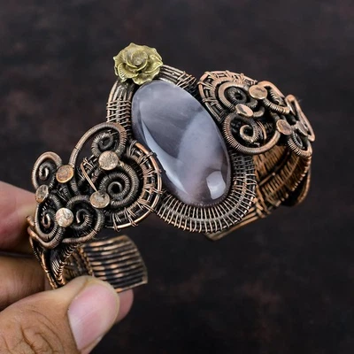 Venta del Día de la Hija Botswana Ágata Piedras Preciosas Cobre Boho Alambre Envuelto Flor Brazalete Foto 1 de 4