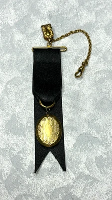 Watch Fob Rare Antique GF Black Mourning Ribbon Oval GF Floral Embossed Locket - Image 1 of 4
