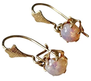 Vintage 14k Yellow Gold Opal Pierced Dangle Teacup Earrings Signed ZZ - Picture 1 of 19