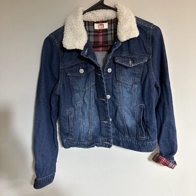 LEI Denim Jean Jacket Sherpa Collar Plaid Accents Juniors Size M Button - Image 1 of 4