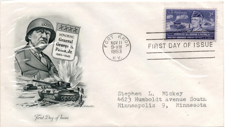 US FDC # 1026 3c Stamp General Patton  Single Artmaster  November 11 1953, VTG - Image 1 of 1