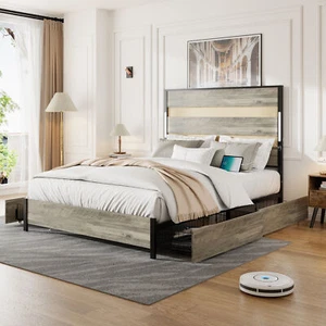 Queen Size Bed Frame with Headboard and 4 Storage Drawers , Queen Bed Frame wi - Picture 1 of 12