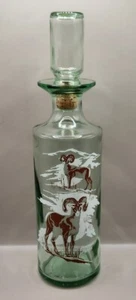 Vintage Clear Glass Decanter American Bighorn Etched Glass Cork Topper Decor - Picture 1 of 7