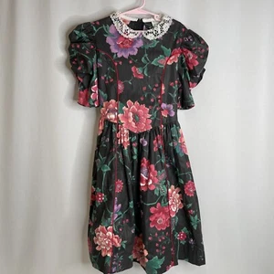 Vintage Rare Editions Dress 10 Girls Lace Collar Puff Sleeves Black Red Floral - Picture 1 of 12