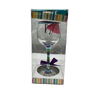 Monogram Letter "A" Long Stem Wine Glass Purple Blue Lime Green Stripes NEW - Picture 1 of 6