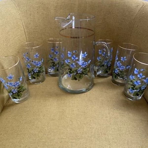Pitcher 6 Hi Ball West Virginia Glass Co VIOLETS Mid Century Vintage Blue Flower - Picture 1 of 11